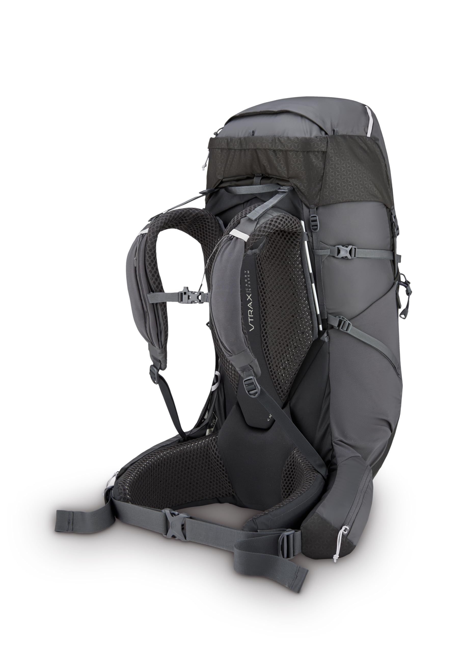 Rab Exion 55L backpack back panel and straps with adjustable fit.