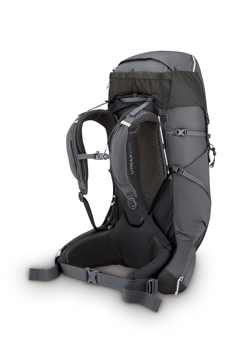 Rab Exion 55L backpack back panel and straps with adjustable fit.