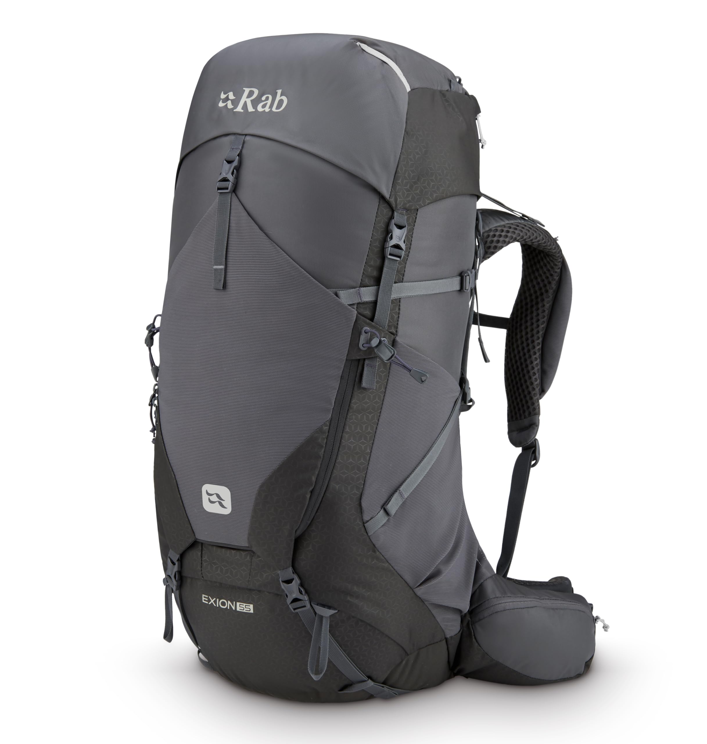 Rab Exion 55L backpack front view for all-day trekking comfort.