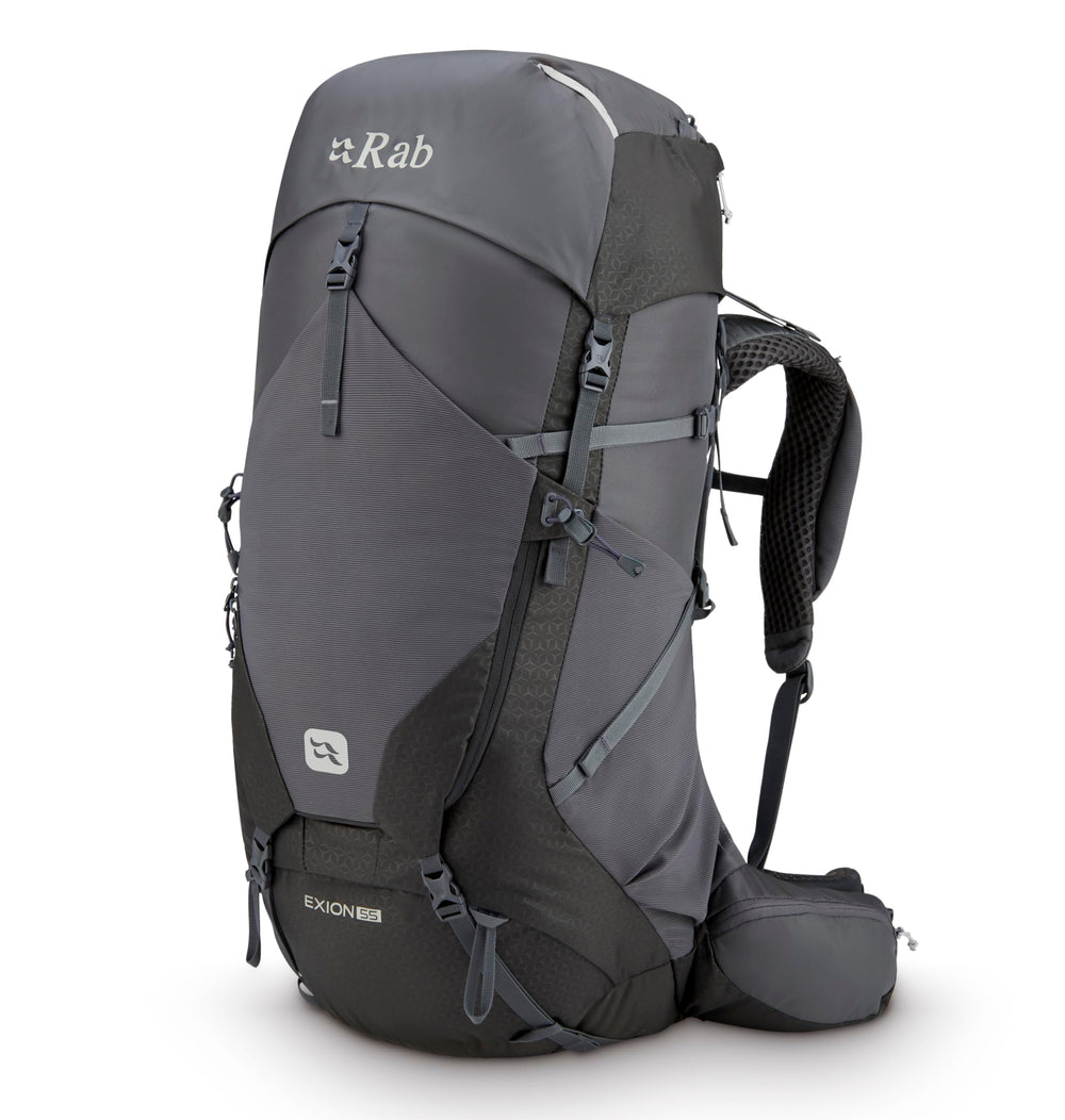 Rab Exion 55L backpack front view for all-day trekking comfort.