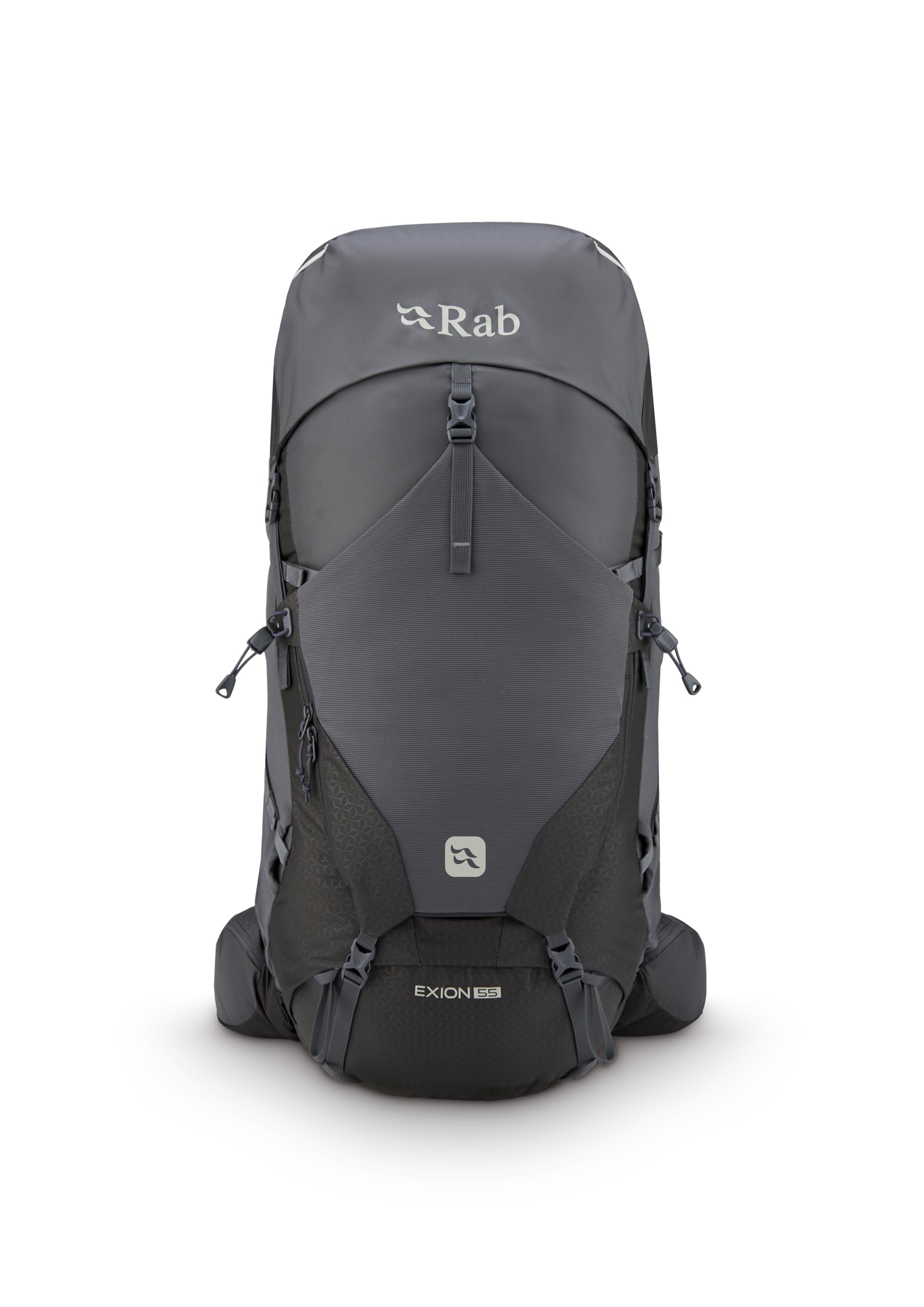 Rab Exion 55L backpack side view with spacious pockets for layers.