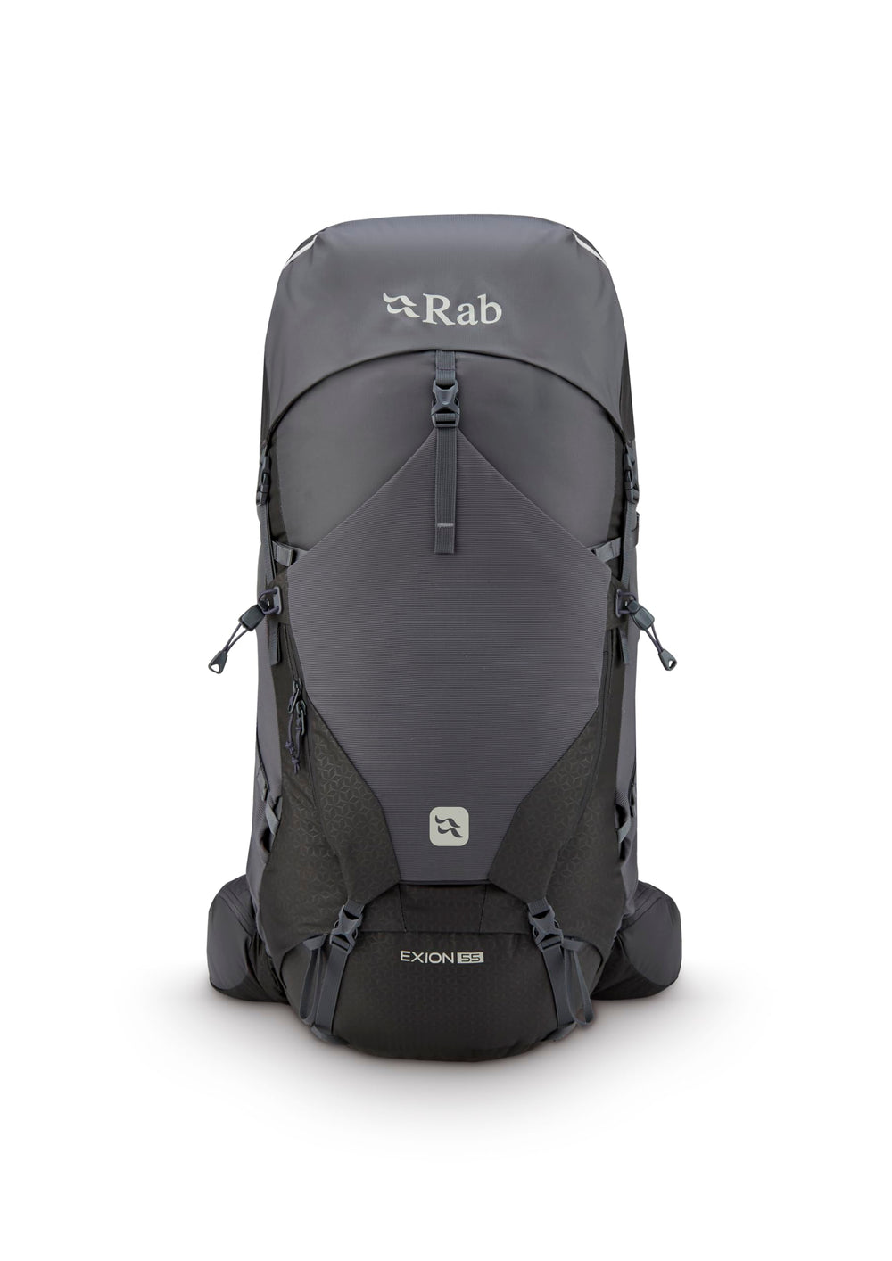 Rab Exion 55L backpack side view with spacious pockets for layers.