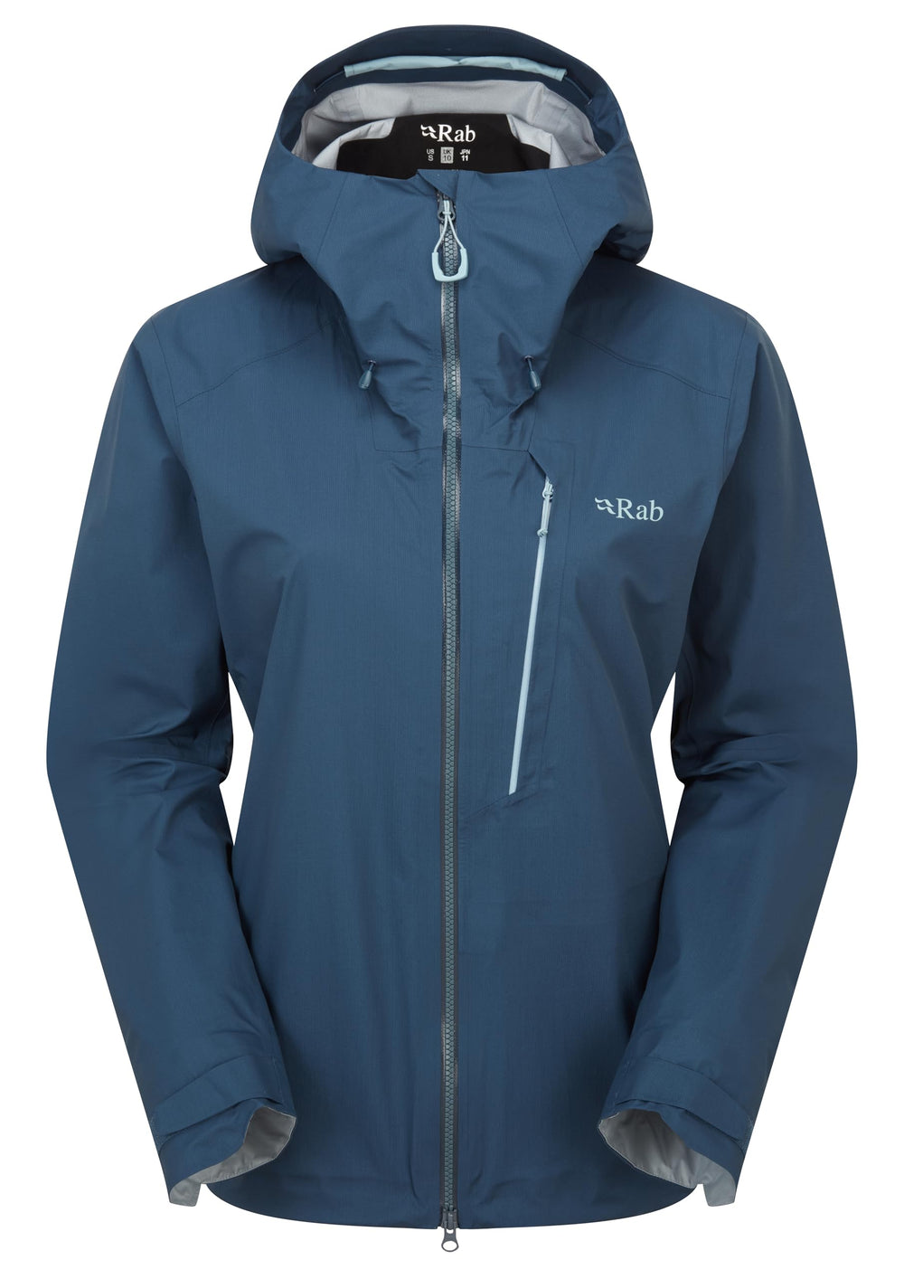 Rab Firewall Alpine Jacket front view showcases ultralight waterproof protection for climbing and hikes on trails.