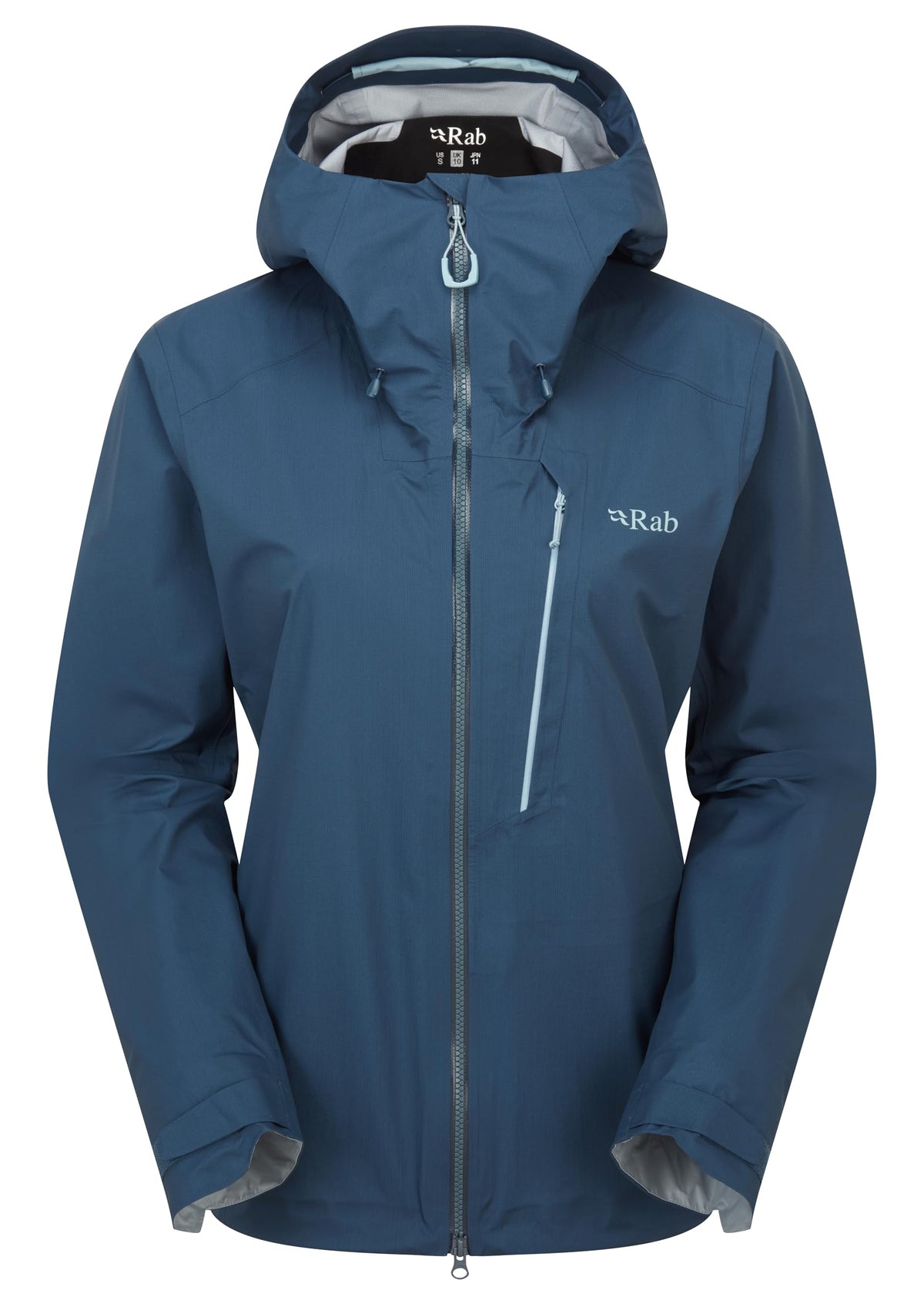 Rab Firewall Alpine Jacket front view showcases ultralight waterproof protection for climbing and hikes on trails.