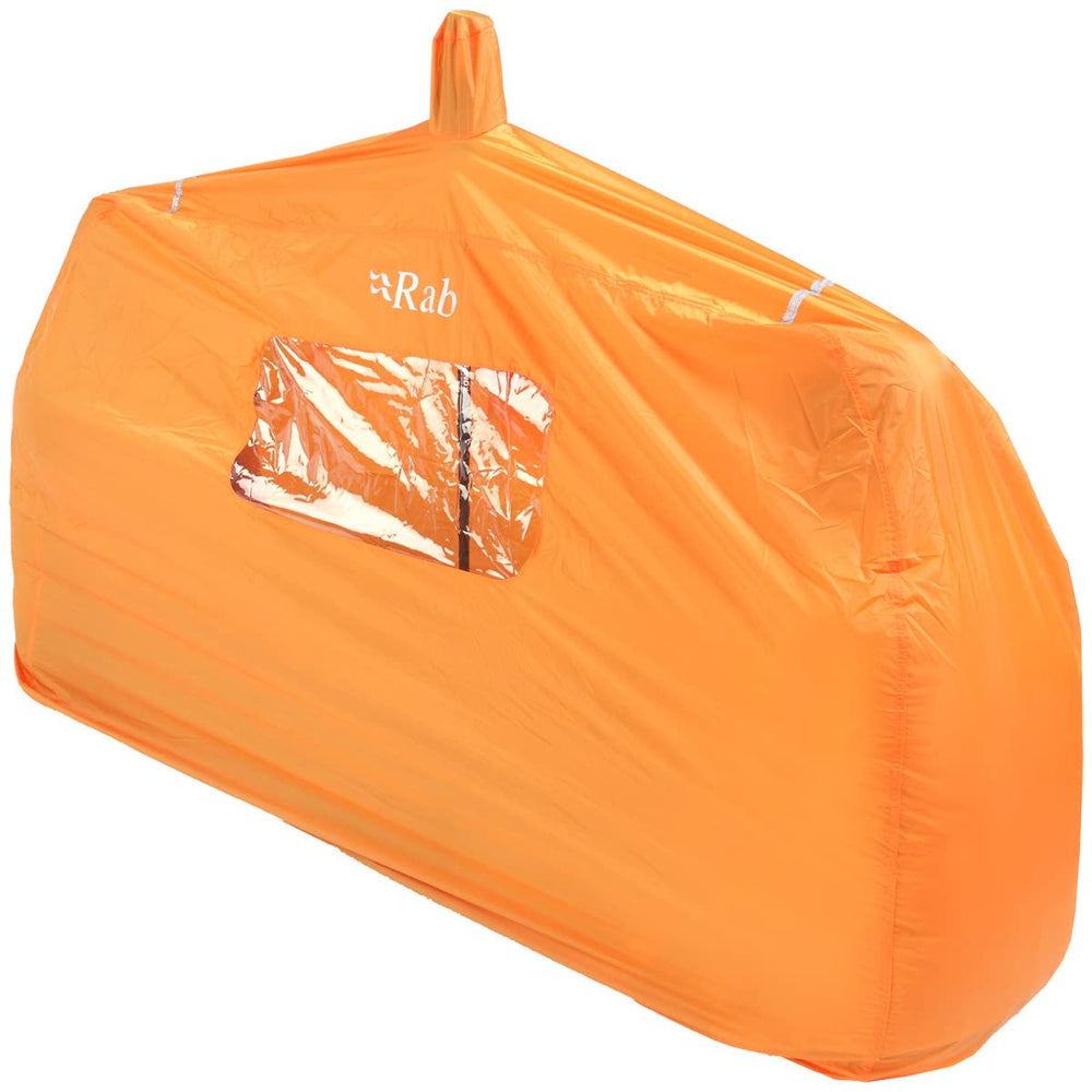 Rab Group Shelter 2P orange provides windproof, waterproof emergency protection for backcountry trips