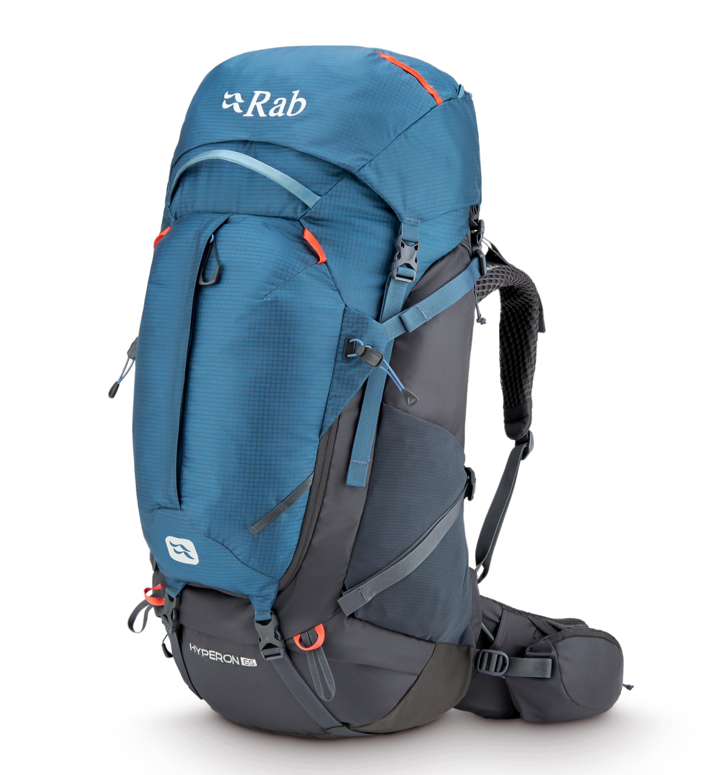 Rab Hyperon backpack in Orion blue and anthracite, ideal for long hikes with 65L capacity.