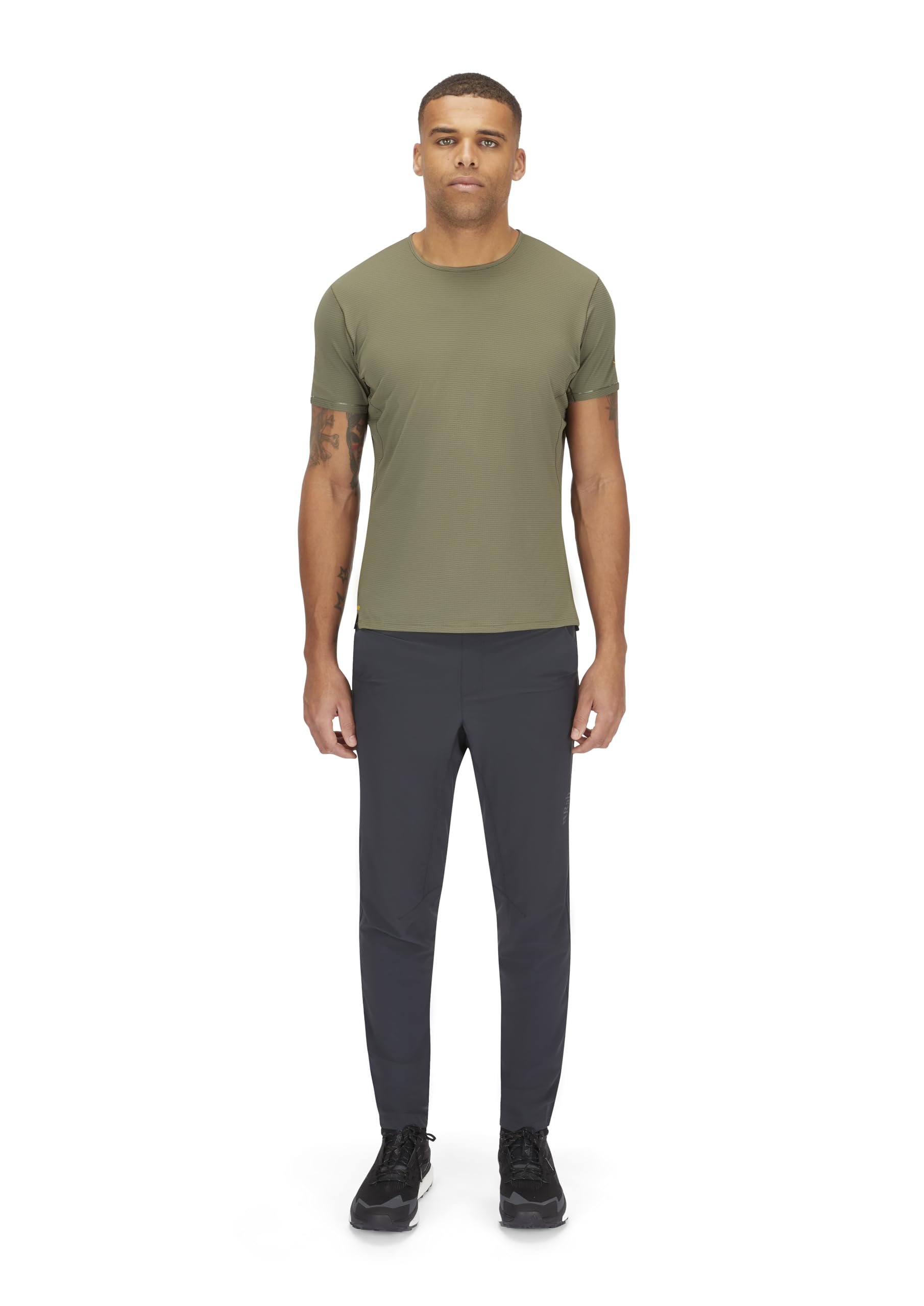 Rab Momentum pants articulated knee area enabling full mobility on rough terrain.