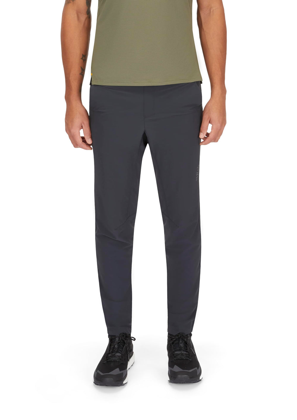 Rab Momentum pants side view showing flexible movement for climbing and trekking.