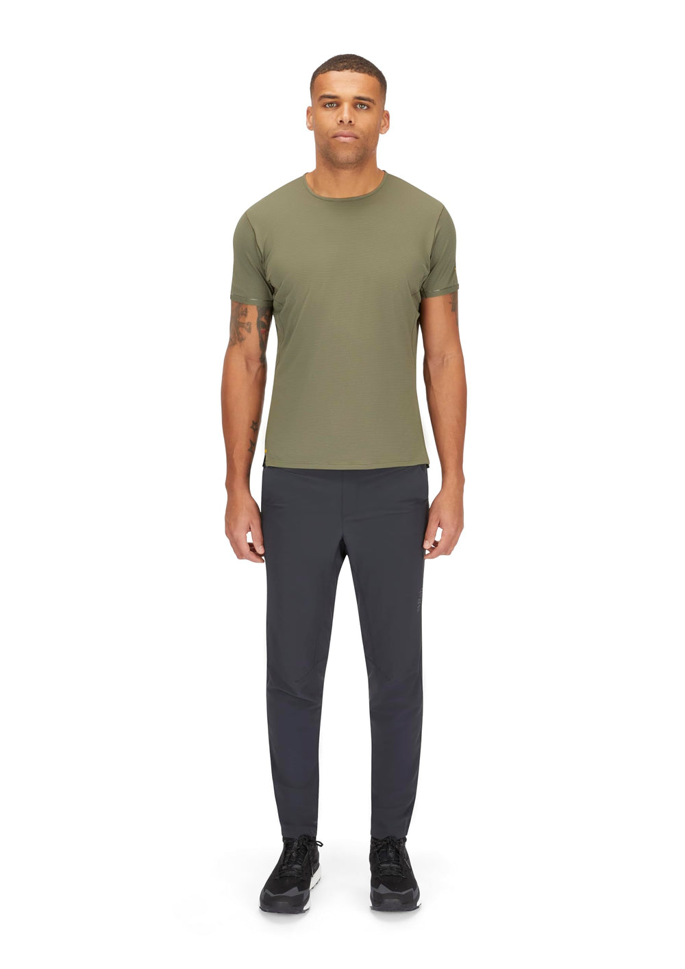 Rab Momentum Pants Matrix fabric close-up in Beluga, breathable stretch dries quickly.