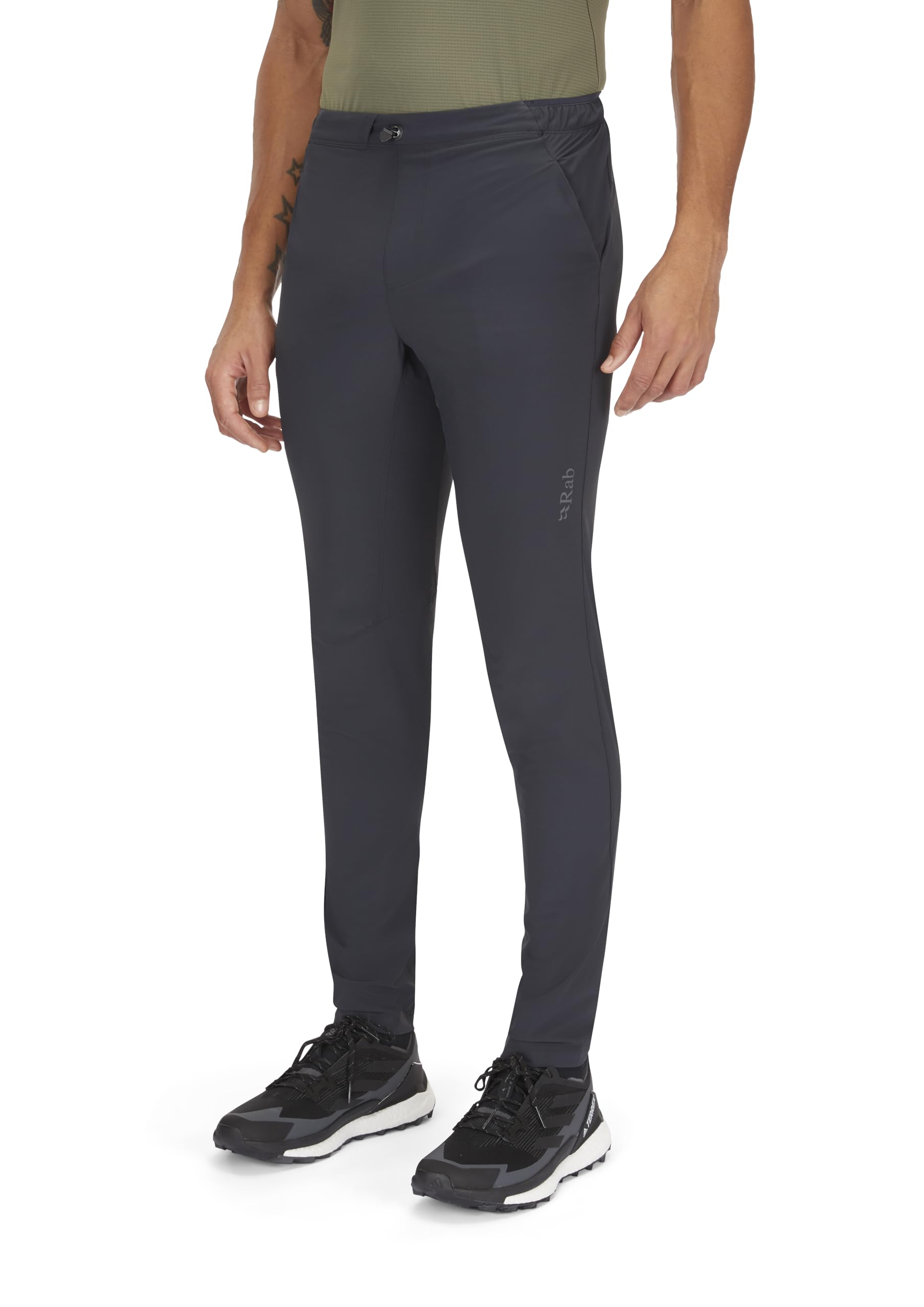 Rab Momentum Pants waistband adjustment close-up Beluga, secure fit with harness and internal drawcord.