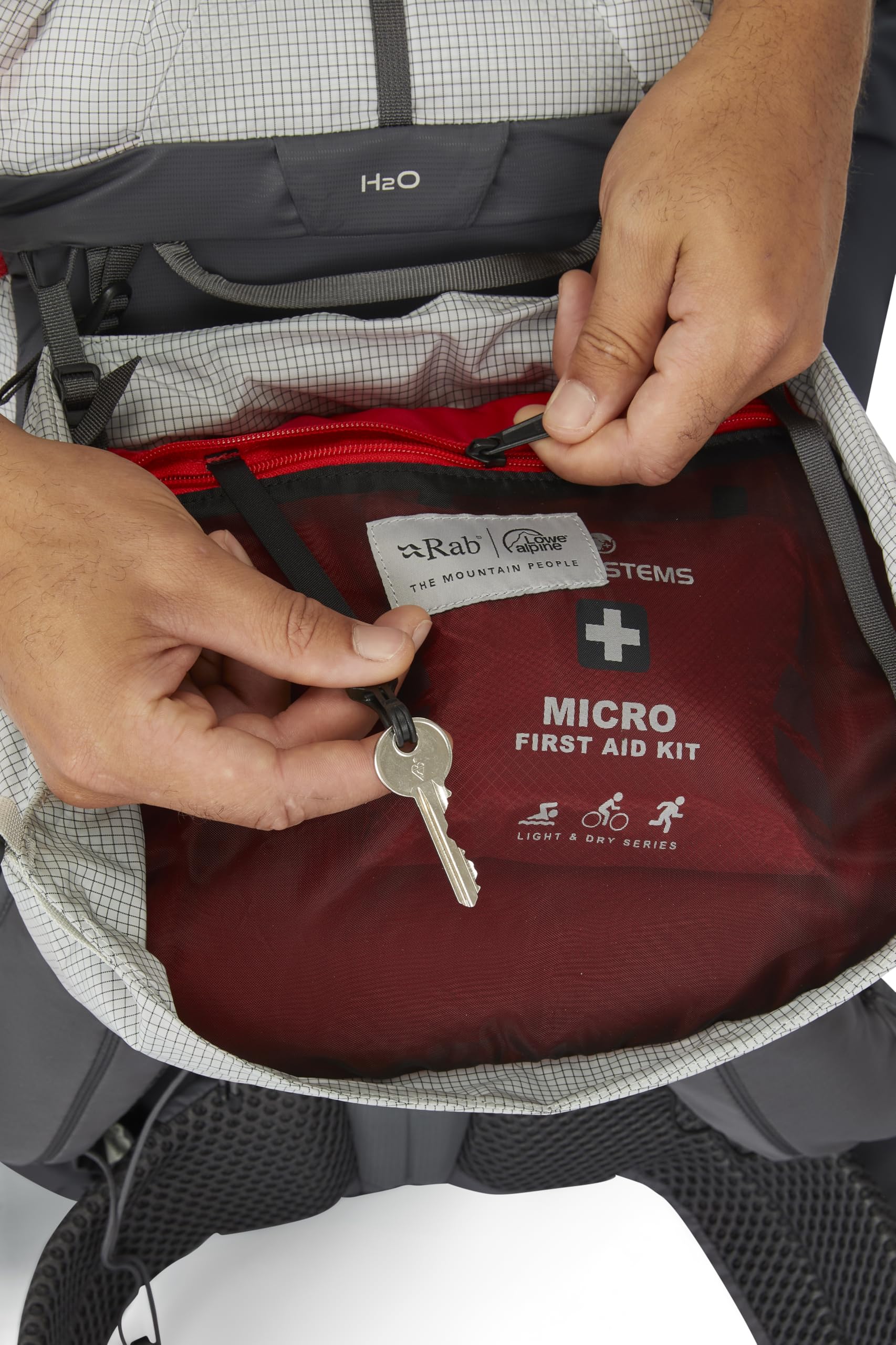 Rab Muon 50L bottom compression straps for securing bulky gear.