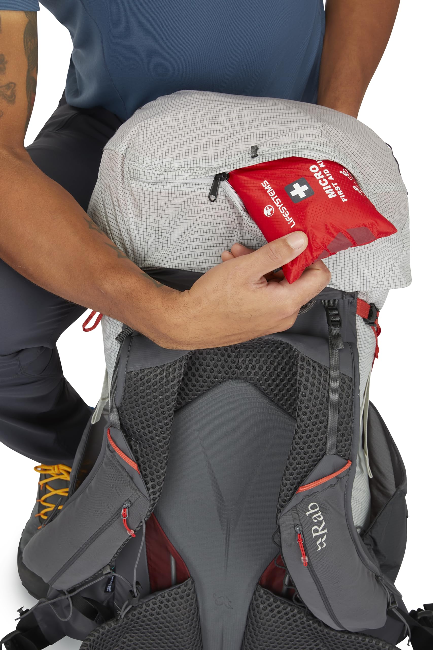 Rab Muon 50L front stash pocket keeps layers within easy reach.