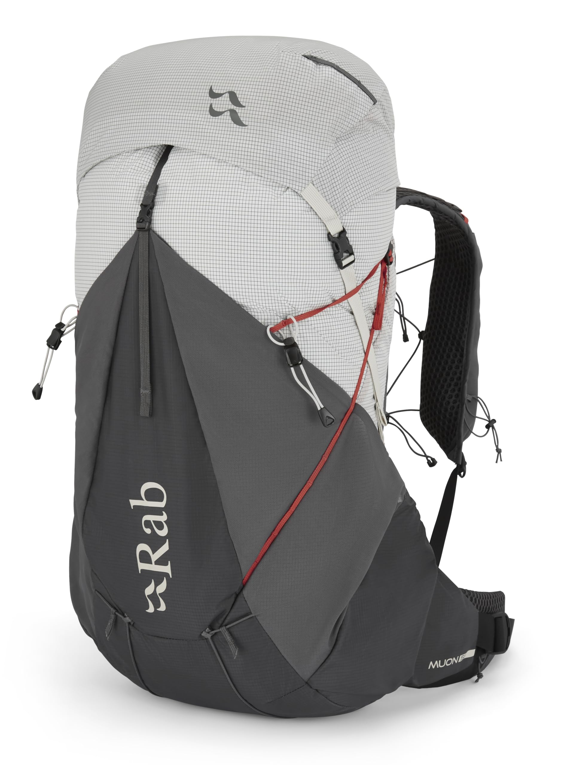 Rab Muon 50L backpack front view showing ultralight durability for long hikes.