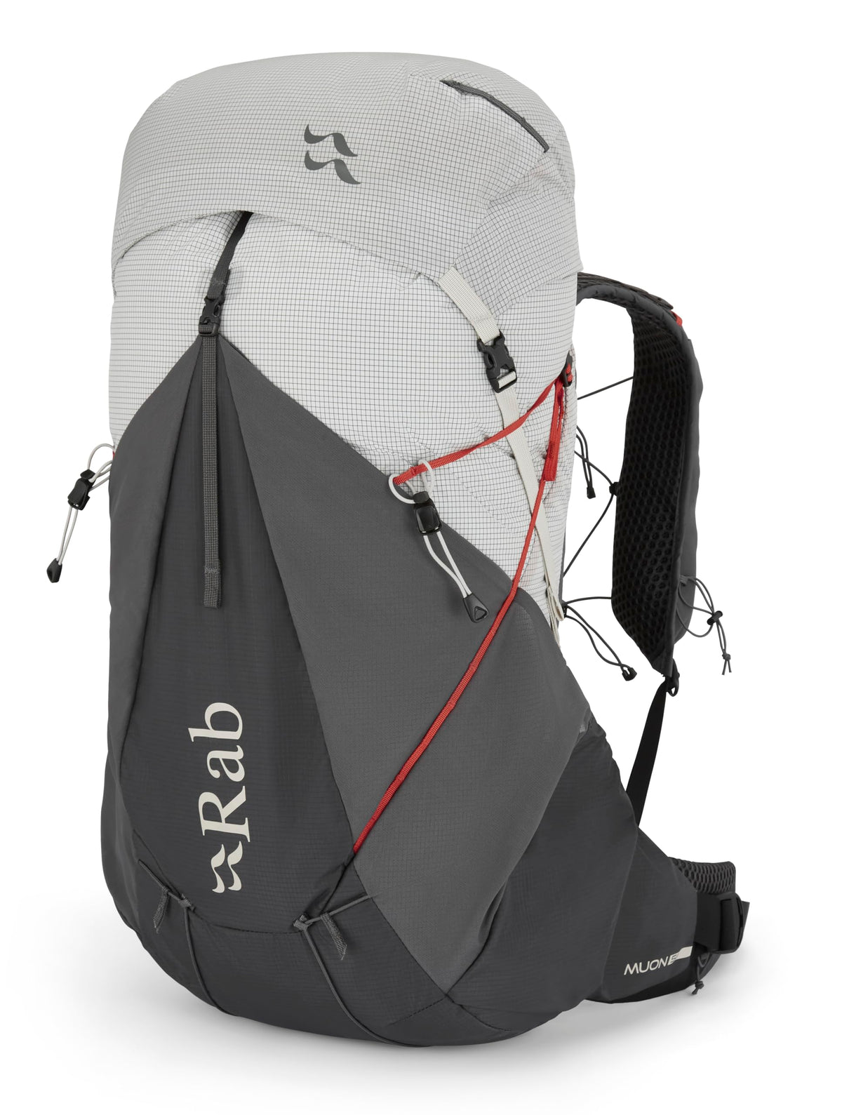 Rab Muon 50L backpack front view showing ultralight durability for long hikes.