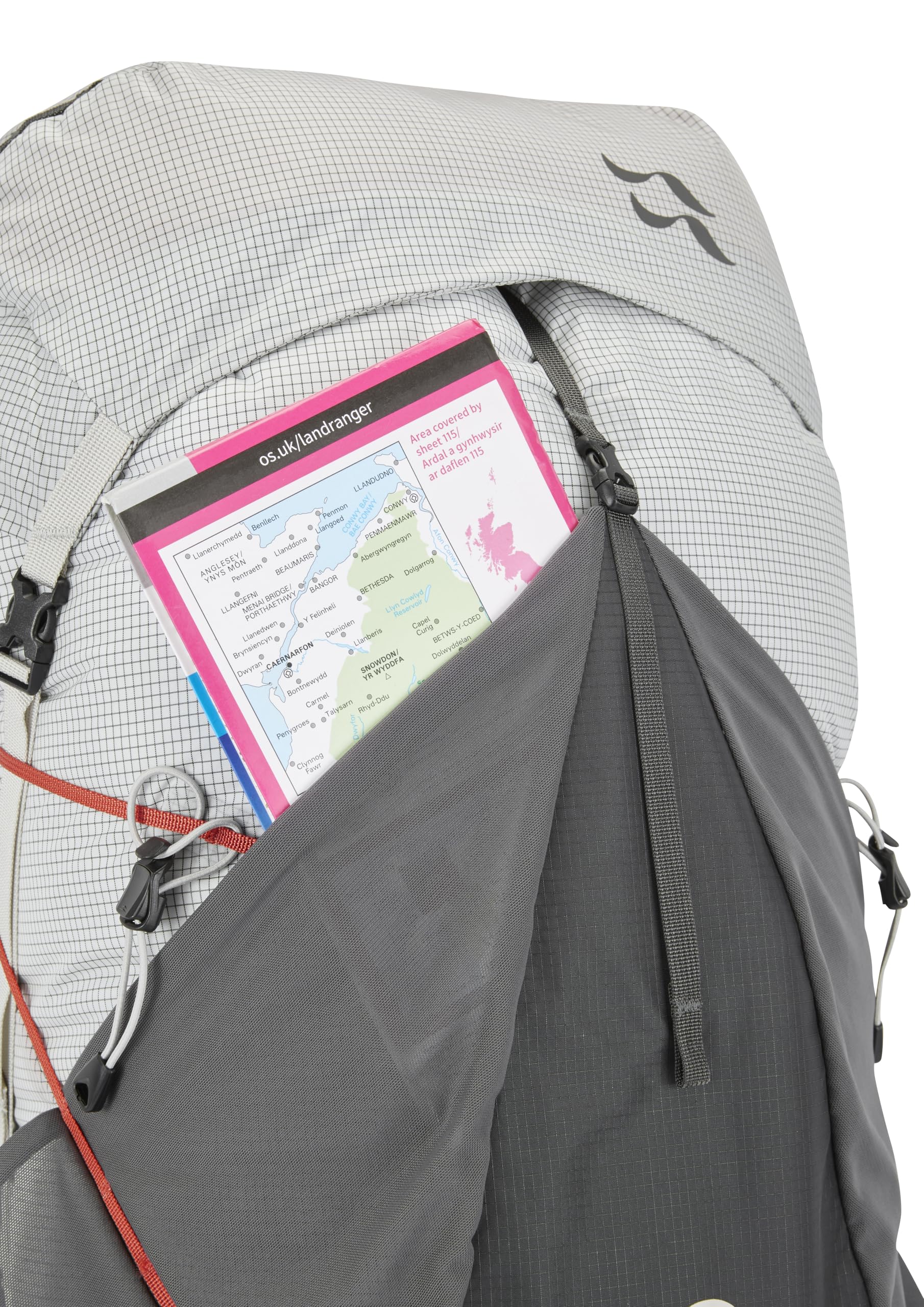 Rab Muon 50L trekking pole attachments enable quick gear access.