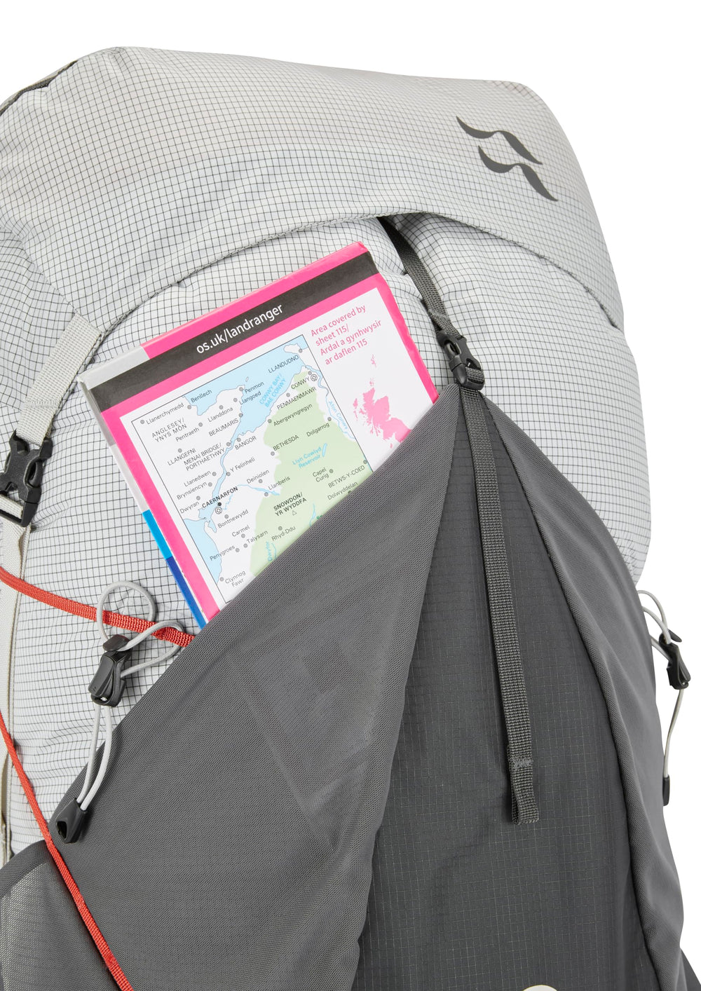 Rab Muon 50L trekking pole attachments enable quick gear access.