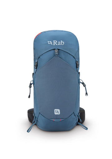 Rab Protium ND33L Orion Blue side view to showcase external stretch pockets for gear