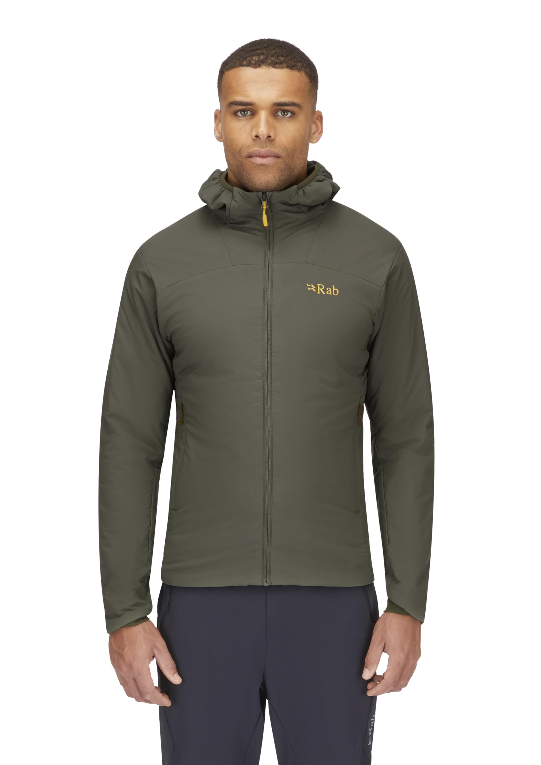 Rab Xenair Alpine Light Hooded Insulated Jacket hood detail highlights helmet-friendly fit