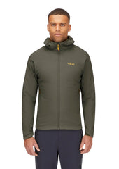 Rab Xenair Alpine Light Hooded Insulated Jacket hood detail highlights helmet-friendly fit