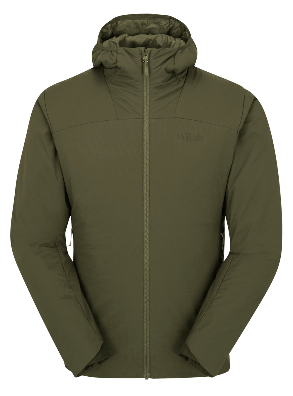 Rab Xenair Alpine Light Hooded Jacket front view highlighting versatile outdoor warmth for hiking and mountaineering