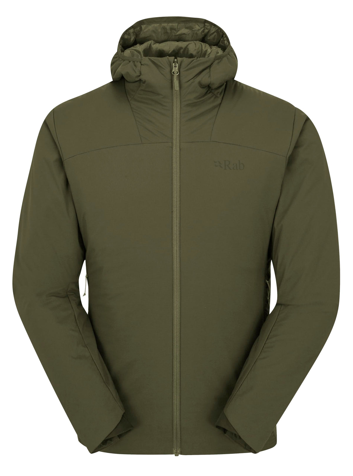 Rab Xenair Alpine Light Hooded Jacket front view highlighting versatile outdoor warmth for hiking and mountaineering