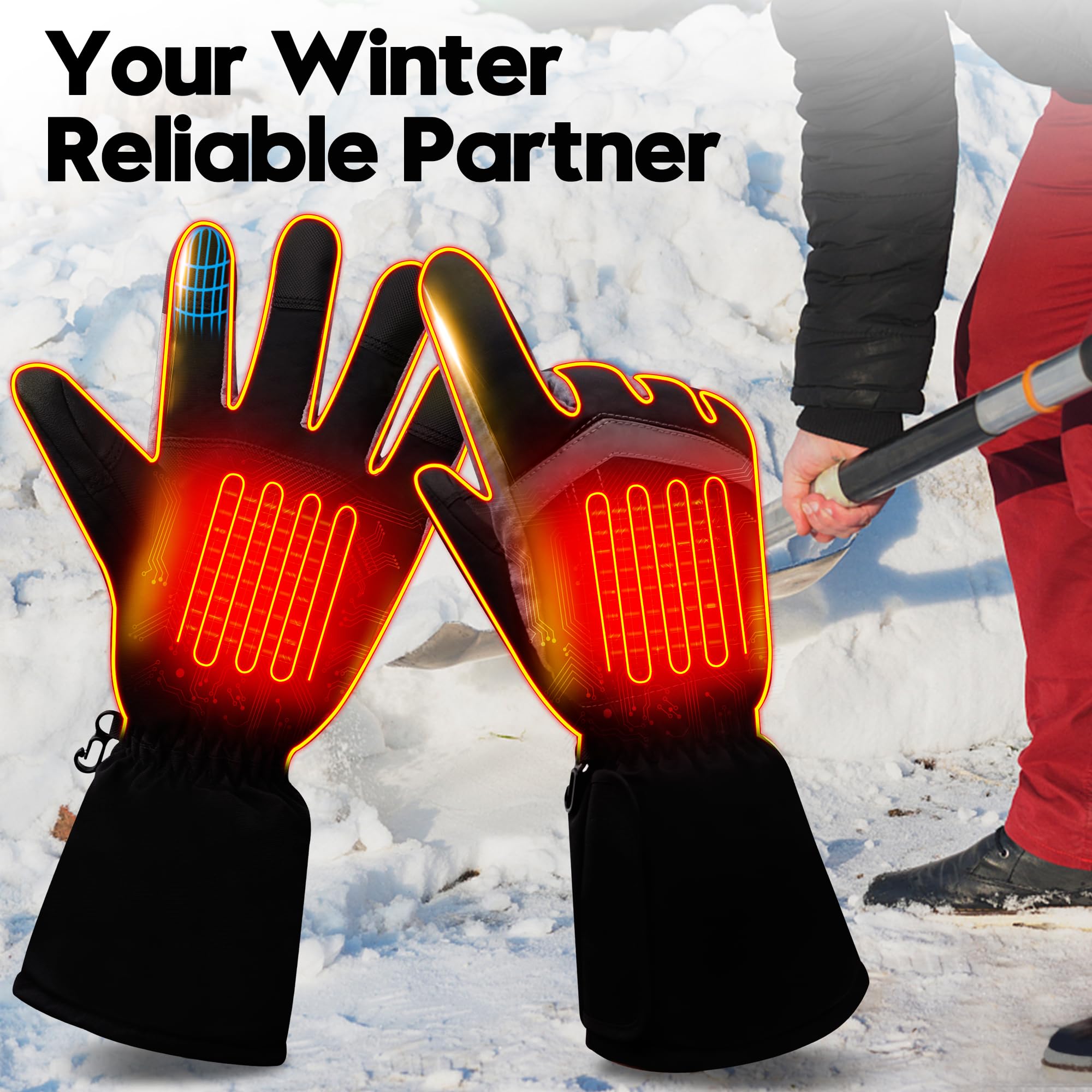 Rabbitroom Black heated gloves worn with outdoor apparel