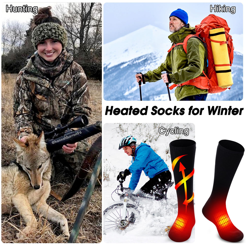 Rabbitroom heated socks outdoor activity scene, skiers enjoying warmth.