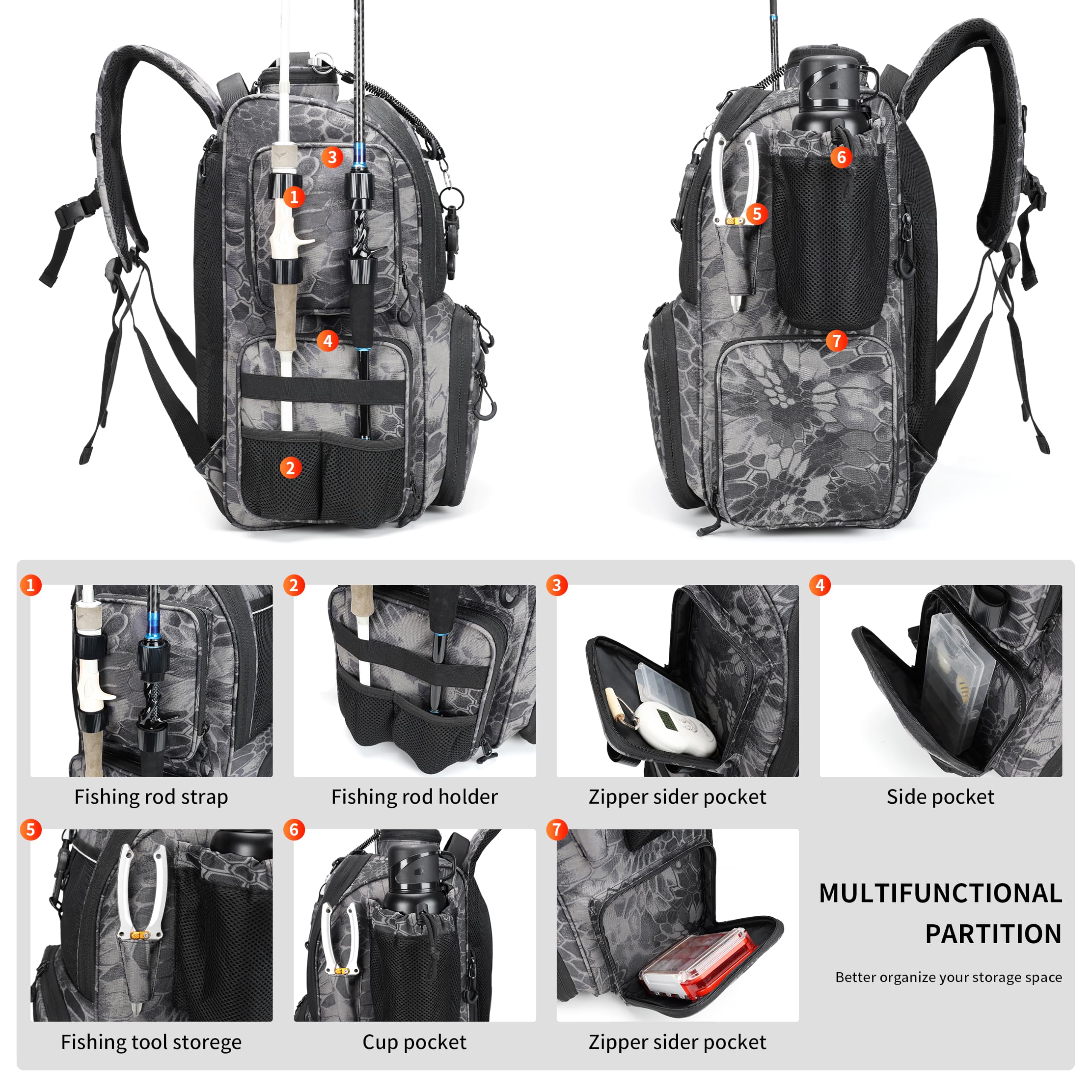 Rabjen fishing backpack main compartment offers flexible 42L storage for gear.