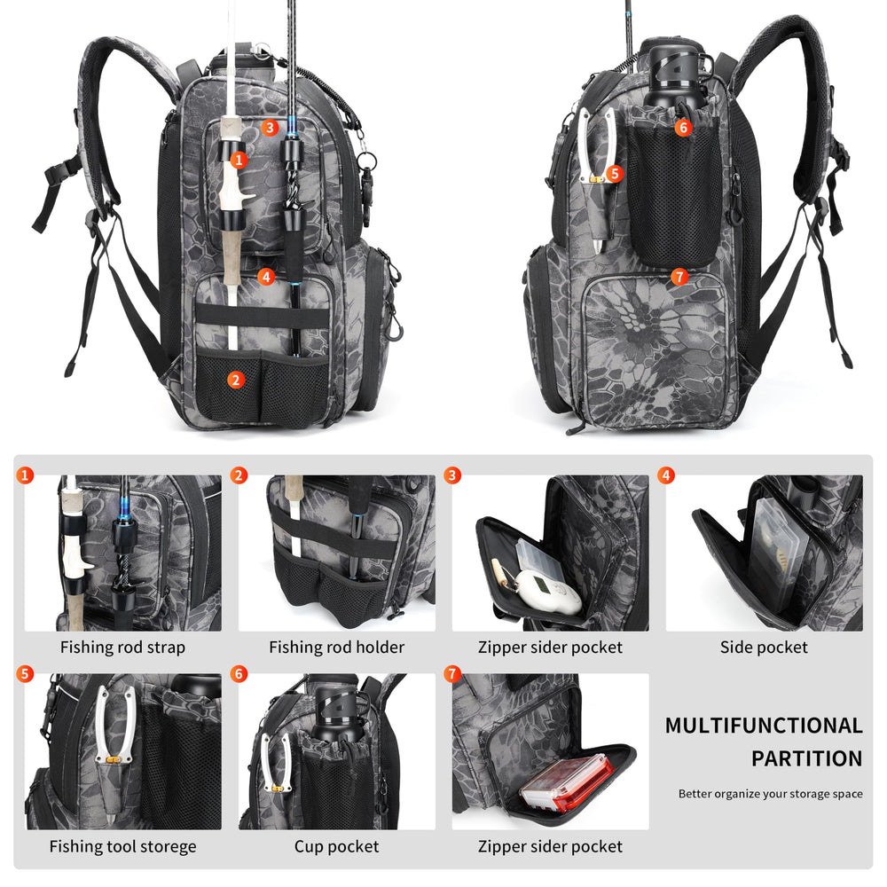 Rabjen fishing backpack main compartment offers flexible 42L storage for gear.