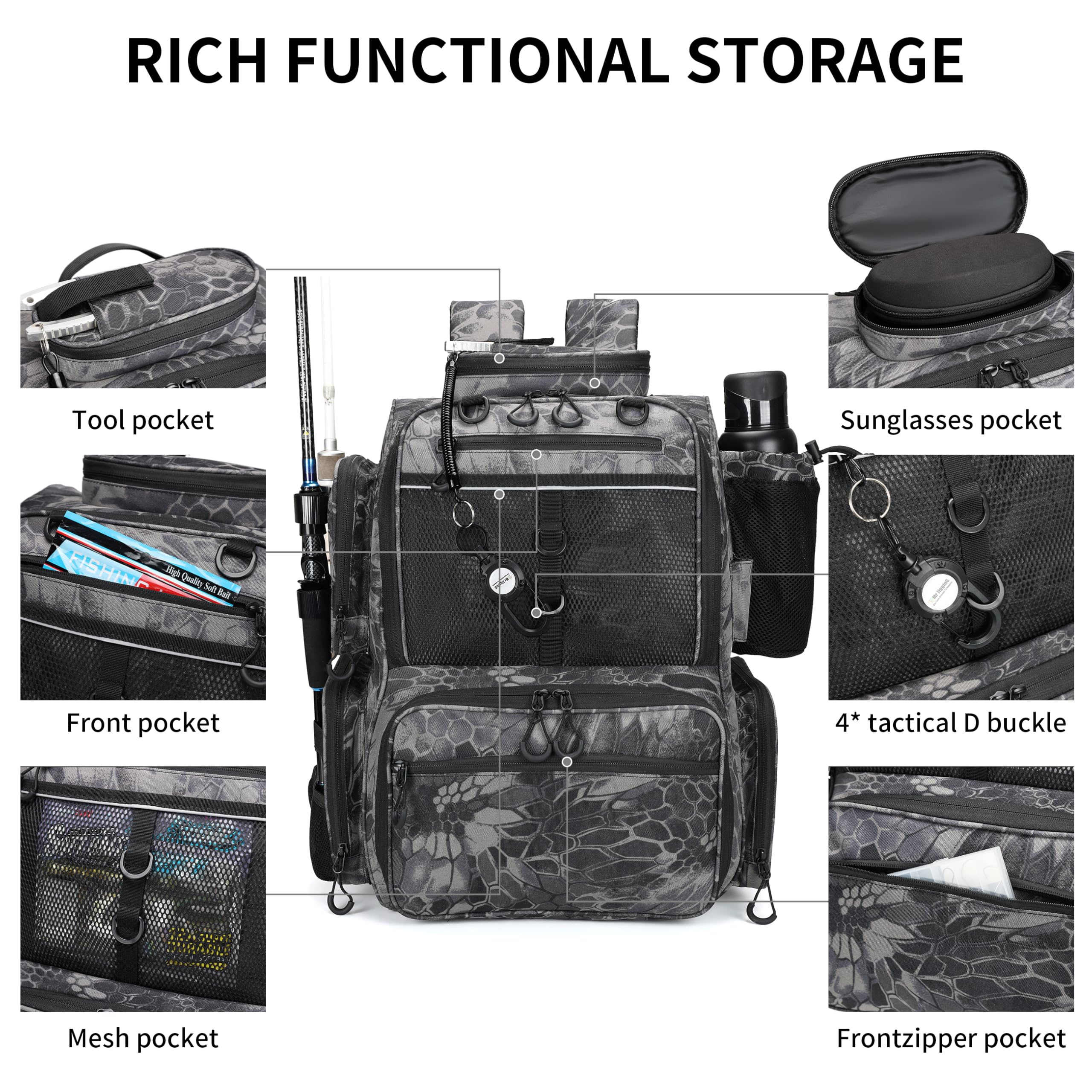 Rabjen fishing backpack with rod holders supports hands-free transport during fishing.