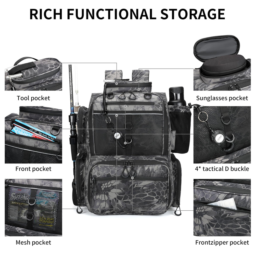 Rabjen fishing backpack with rod holders supports hands-free transport during fishing.