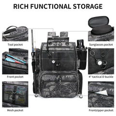 Rabjen fishing backpack with rod holders supports hands-free transport during fishing.