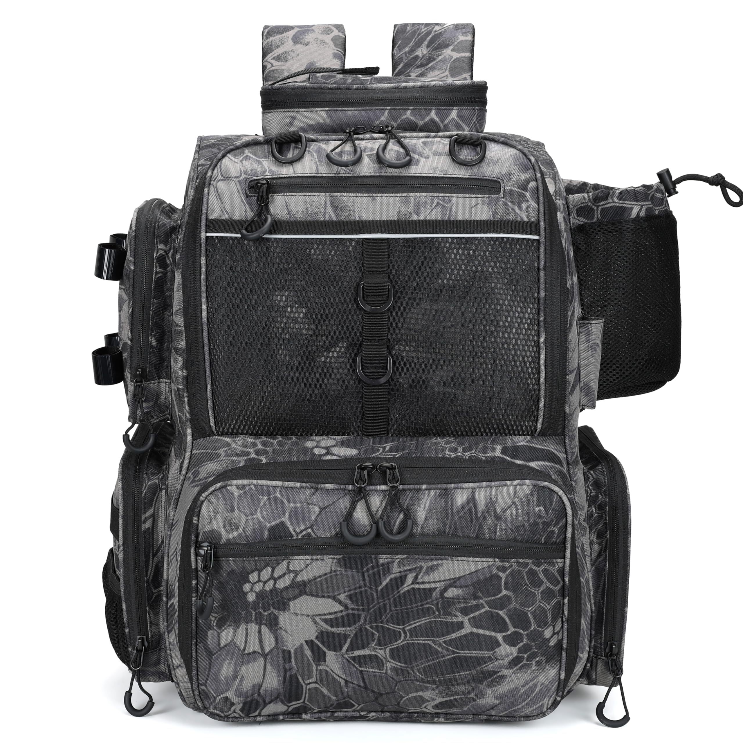 Rabjen fishing backpack side view shows sturdy ergonomics for all day comfort.