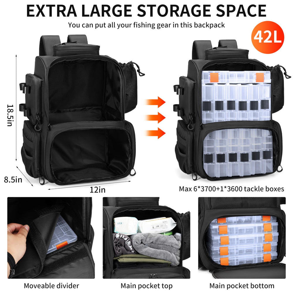 Rabjen backpack highlights 15 pockets for tools, lures, and lines.