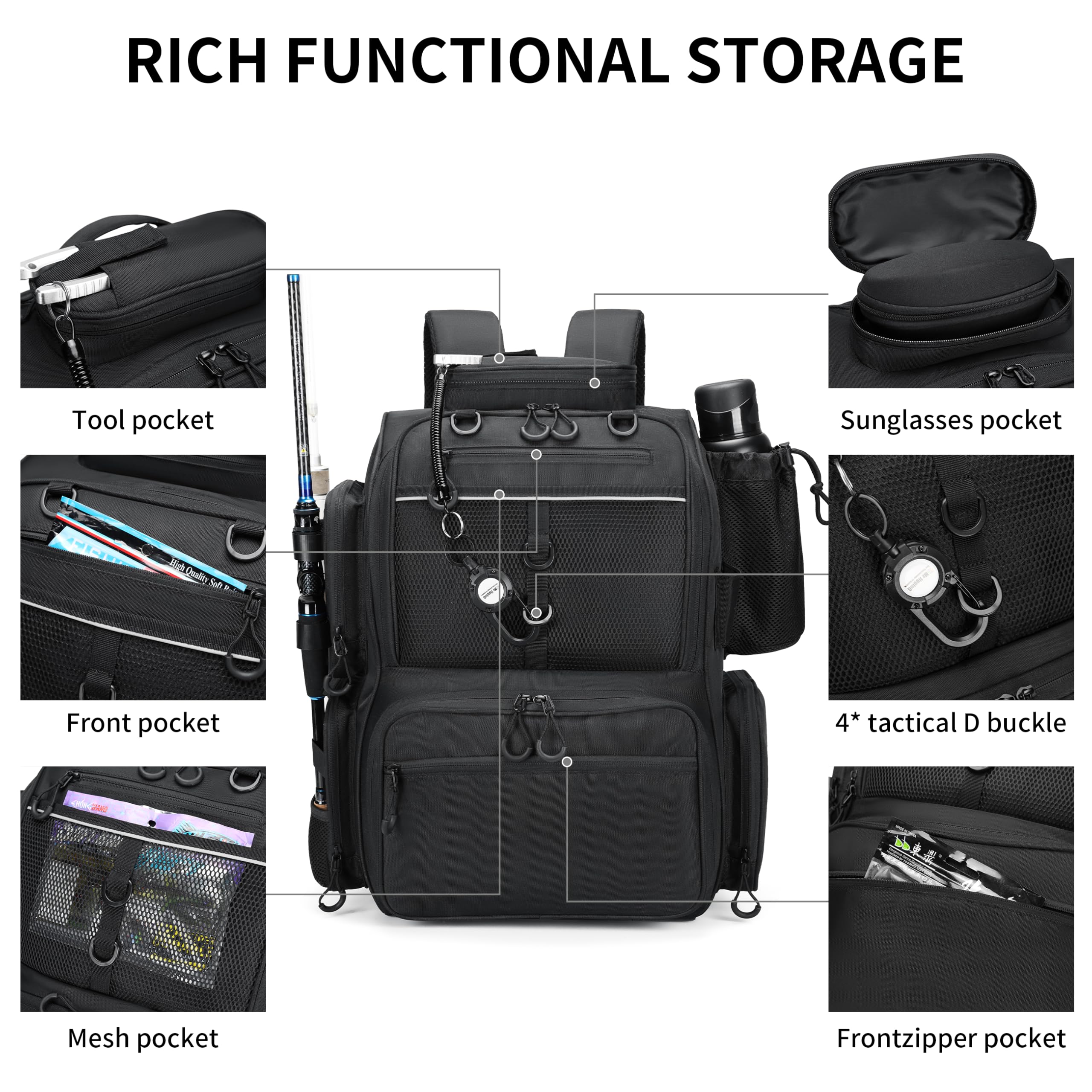 Rabjen fishing backpack with bottle holder for easy on-the-go hydration.
