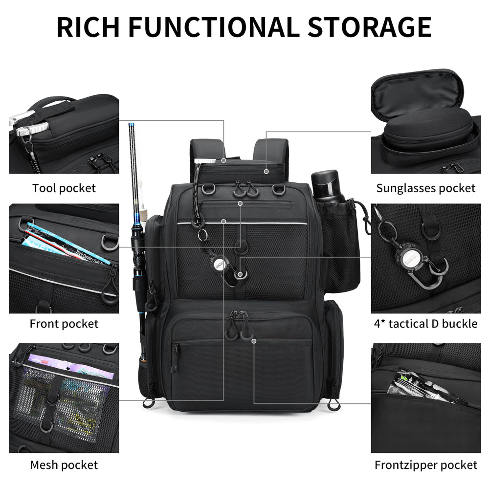 Rabjen fishing backpack with bottle holder for easy on-the-go hydration.
