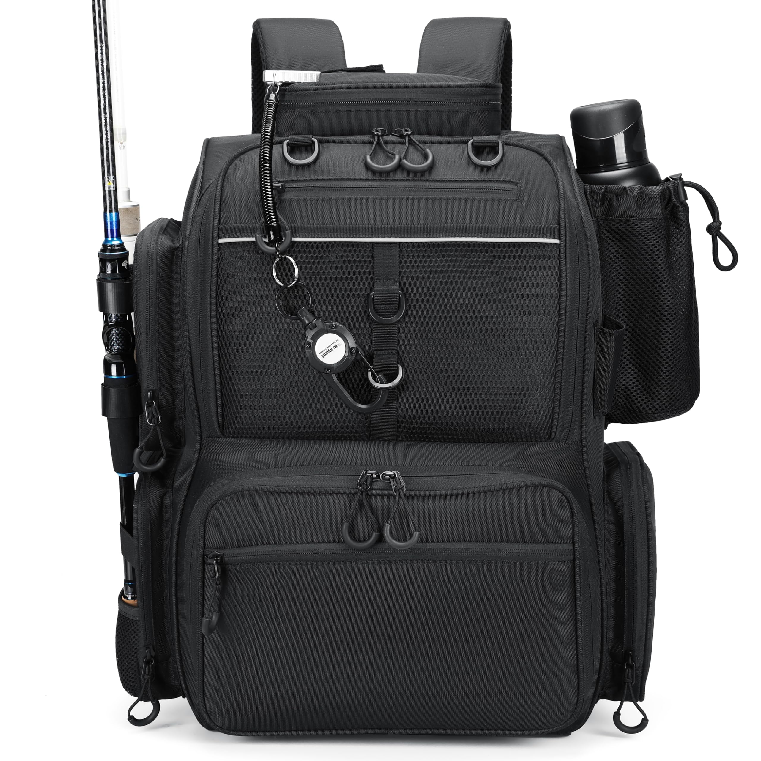 Rabjen fishing backpack shows rod holders for organized rods on boats and shores.