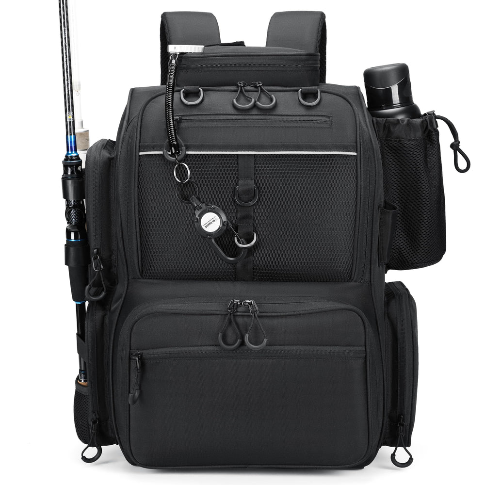 Rabjen fishing backpack shows rod holders for organized rods on boats and shores.