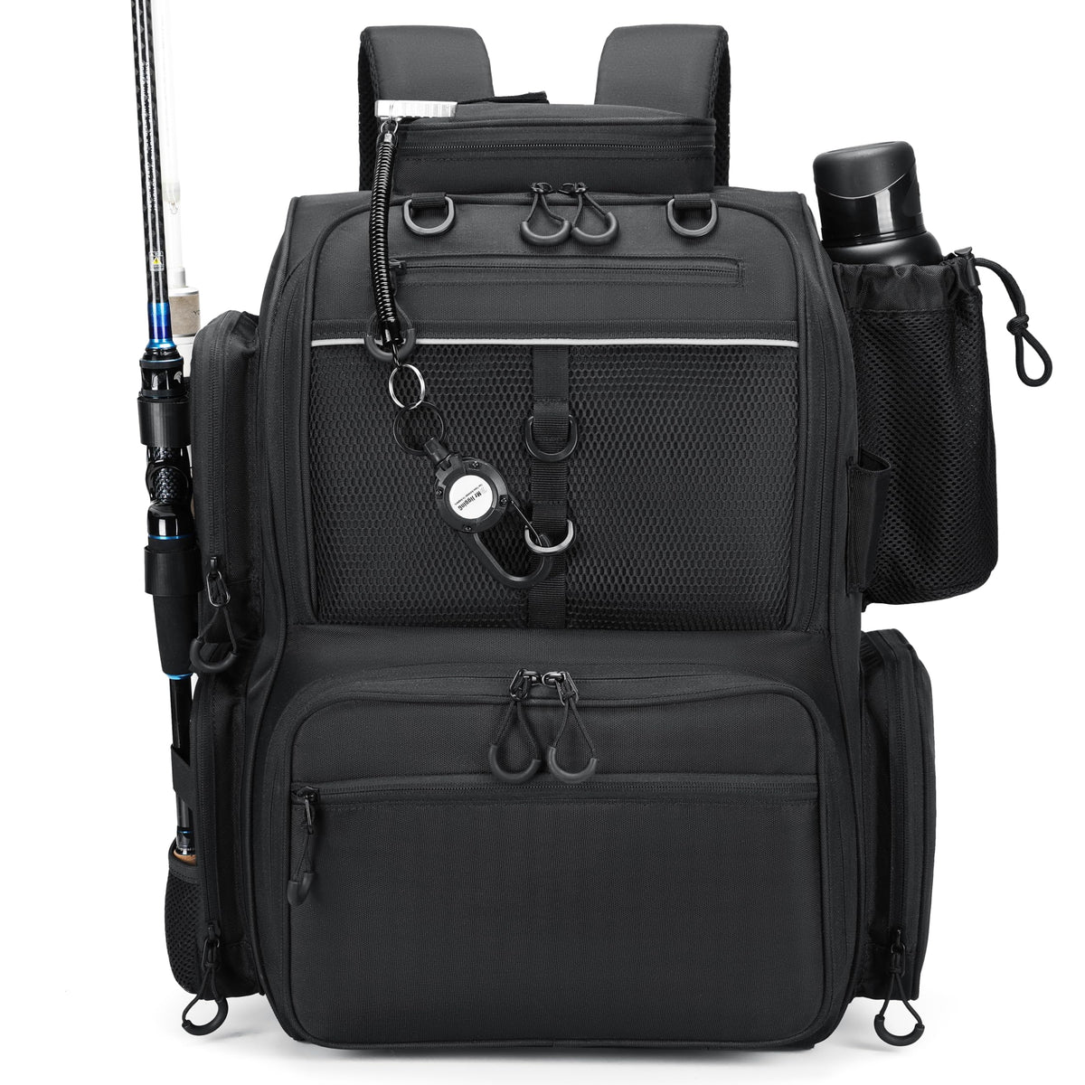 Rabjen fishing backpack shows rod holders for organized rods on boats and shores.