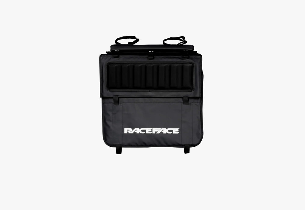 RaceFace T3 tailgate pad in black protects two bikes during transport.