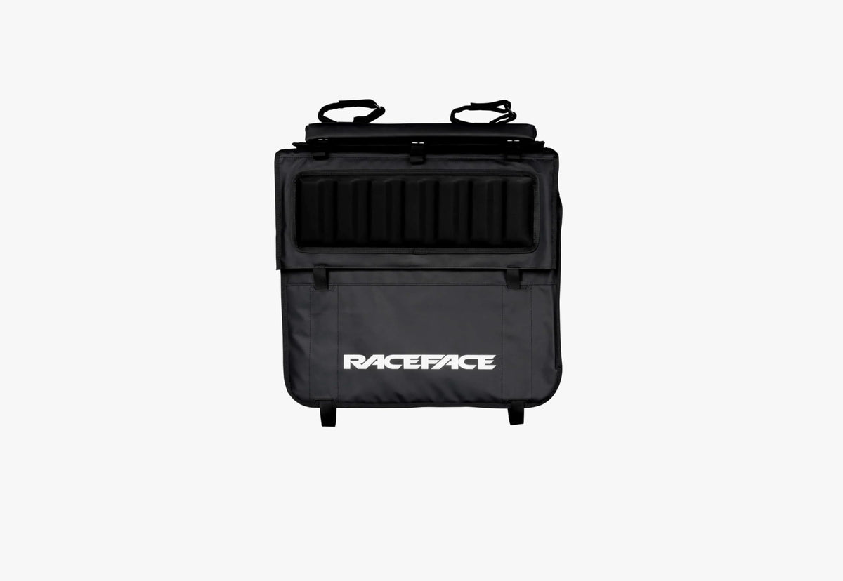 RaceFace T3 tailgate pad in black protects two bikes during transport.