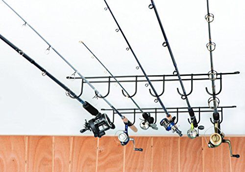RackEm 7008 overhead 6-rod rack keeps fishing gear organized and within reach for overhead storage.