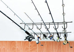 RackEm 7008 overhead 6-rod rack keeps fishing gear organized and within reach for overhead storage.