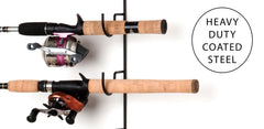 Rack'em 6-rod rack mounted in garage demonstrates easy access and organized gear.