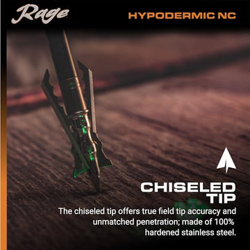 Rage Hypodermic Crossbow NC 2-inch cut broadhead delivers wide entry.