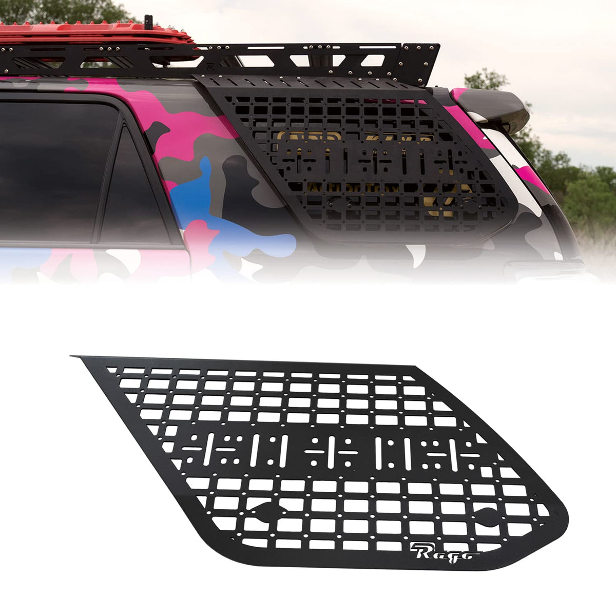 Rago Fabrication exterior MOLLE panel installed on the 4Runner driver side for organized gear access.