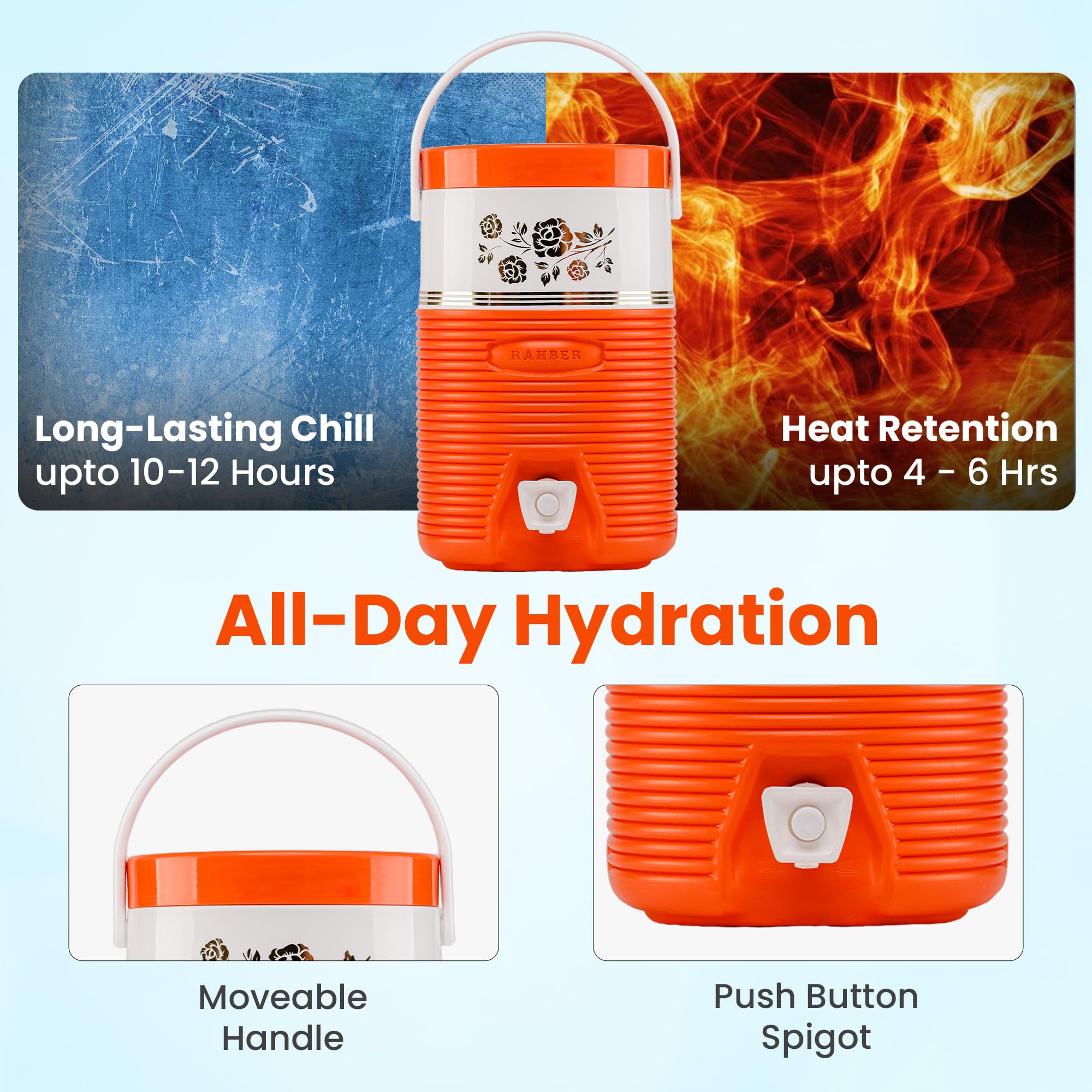 RAHBER water cooler with easy pour spout for spill-free serving.
