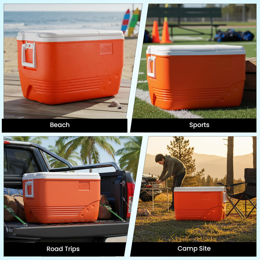 RAHBER 60qt cooler at the beach, keeping beverages cool for long days