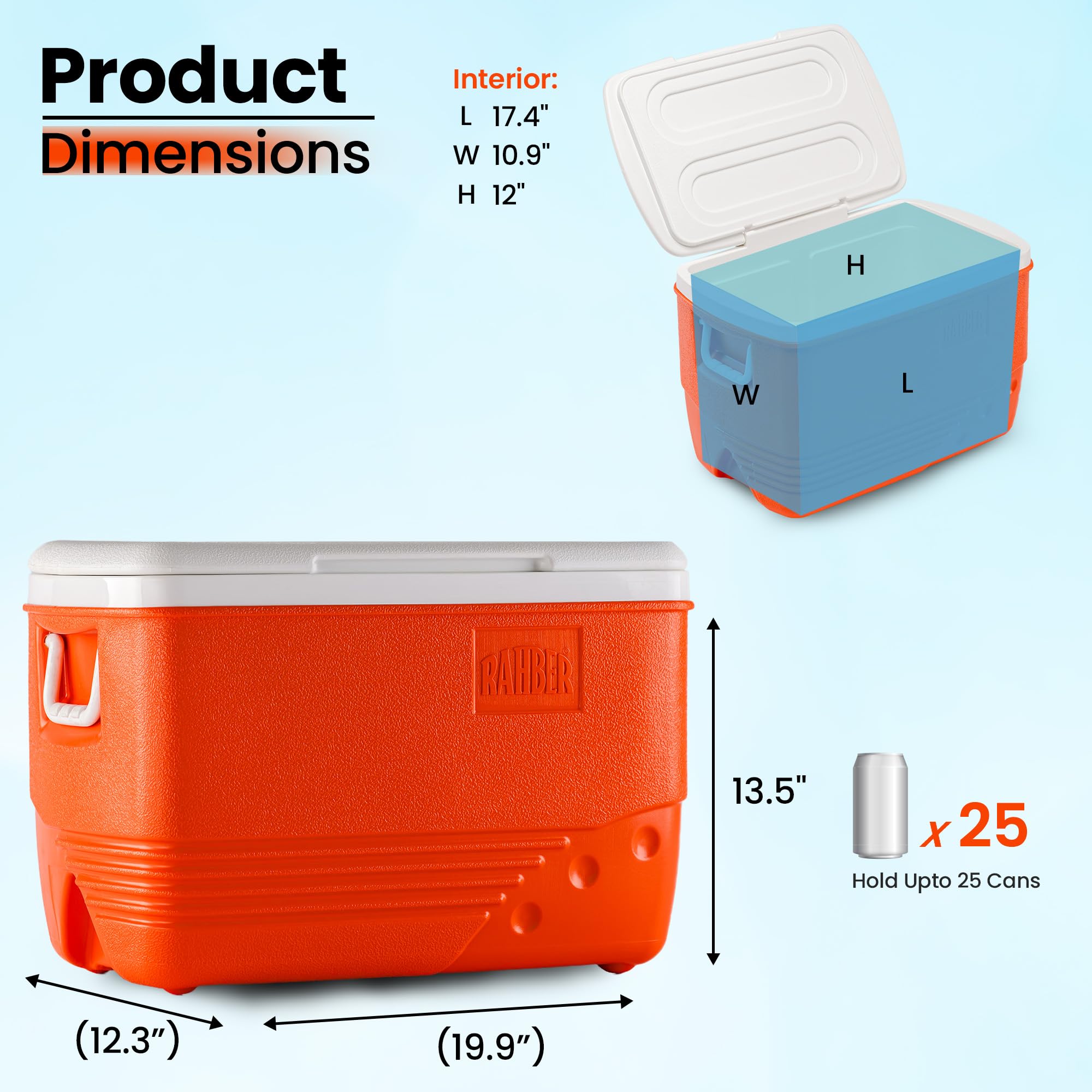 RAHBER Ice Cooler 31.7 Qt insulated interior highlights long-lasting cooling on trips.