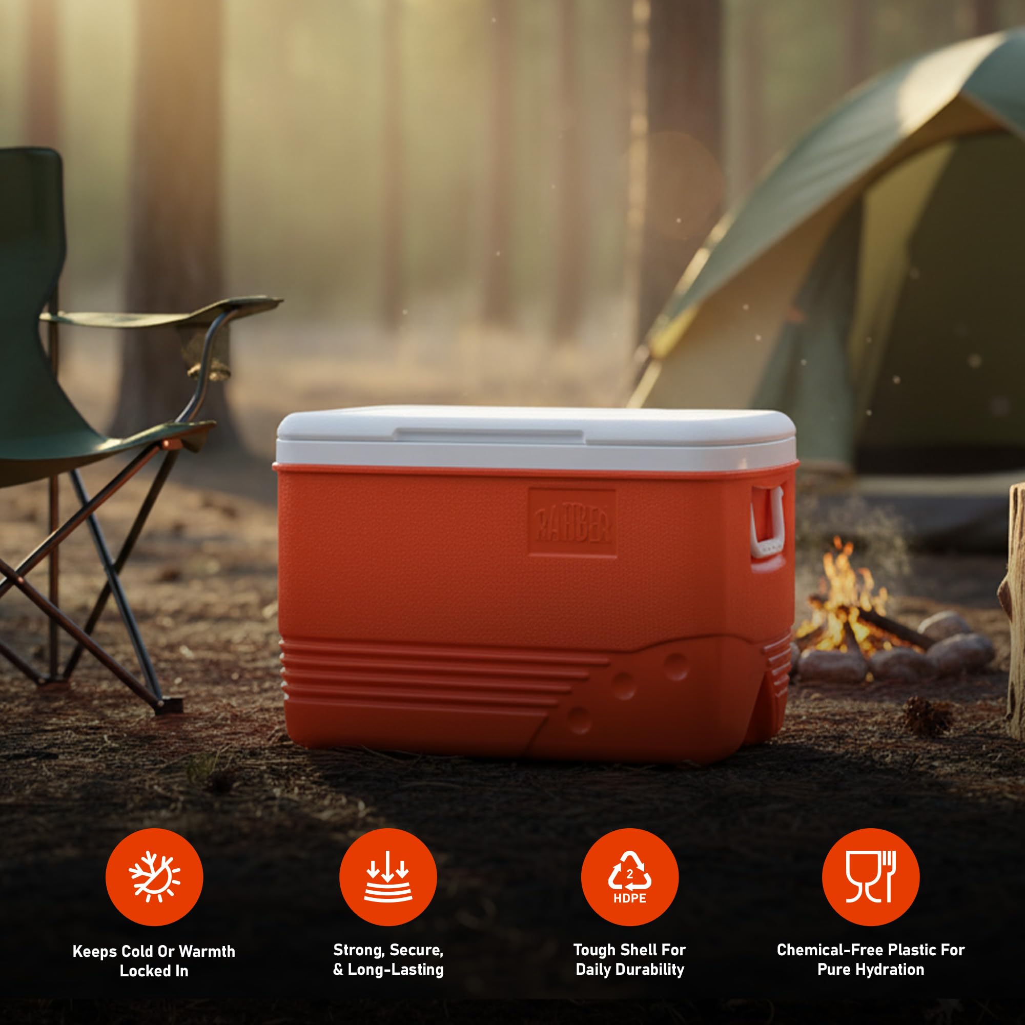 RAHBER Ice Cooler 31.7 Qt leakproof build ensures mess-free travel and camping.